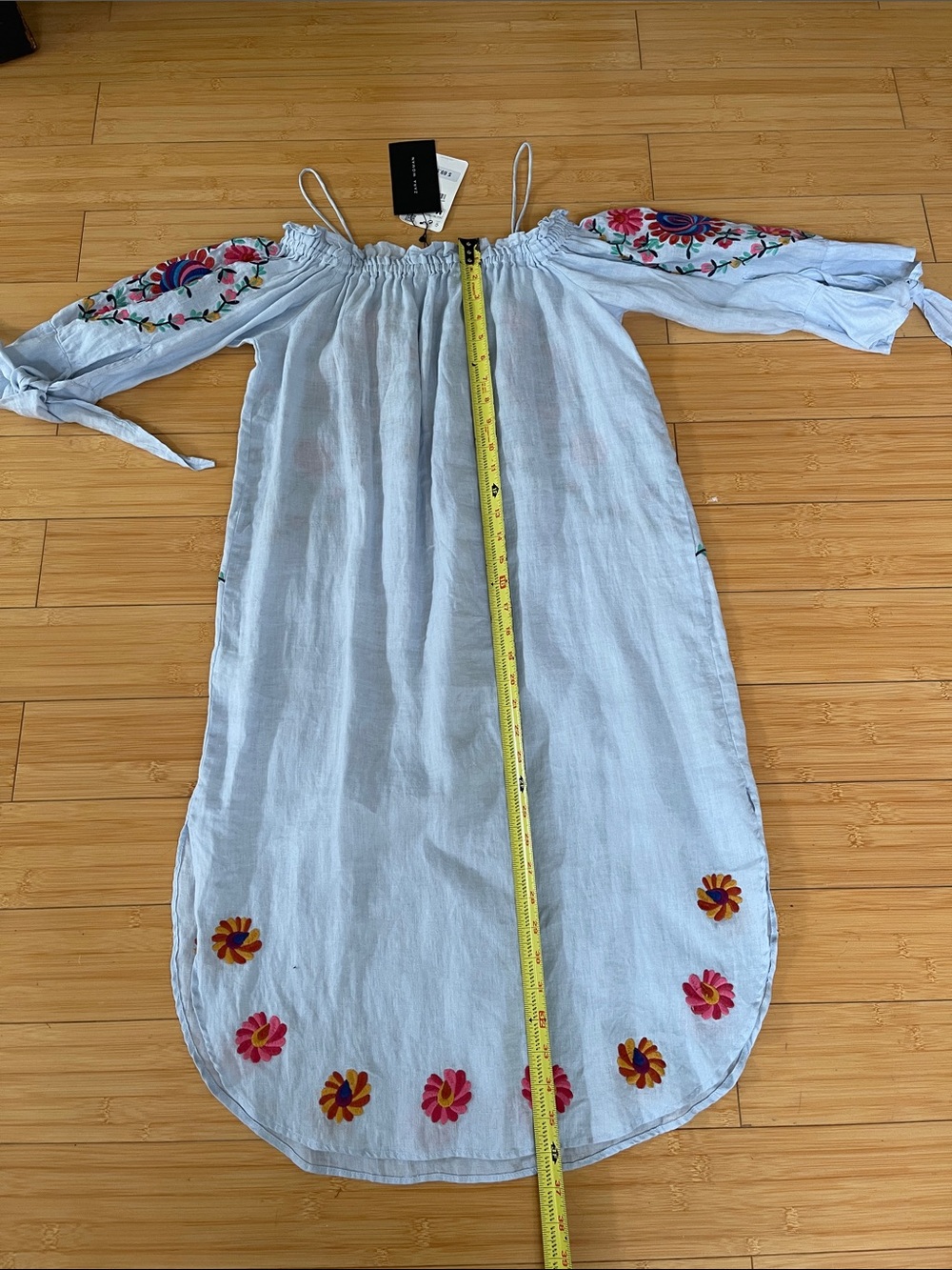Zara NWT Light Blue Embroidered Off-Shoulder 3/4 Sleeve Summer Vacation Dress M - Picture 7 of 7